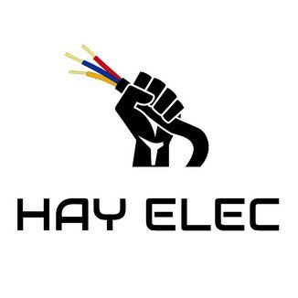 logo électricien hayelec, poing levé tenant un câble composé de trois fils aux couleurs du drapeau arménien : rouge, bleu, orange